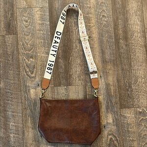 Brown Leather Crossbody Bag with Patterned Strap